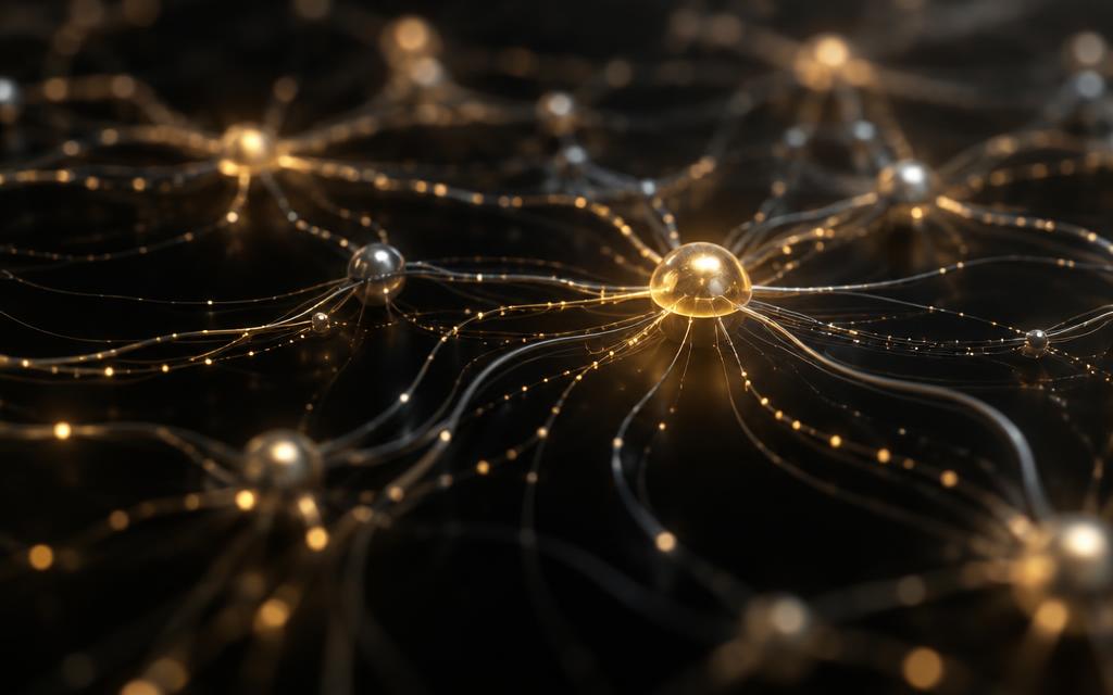 Glowing neural network nodes connected by golden pathways