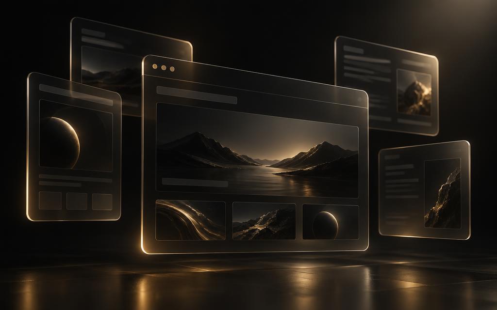 Floating glass website interfaces with gold edge lighting