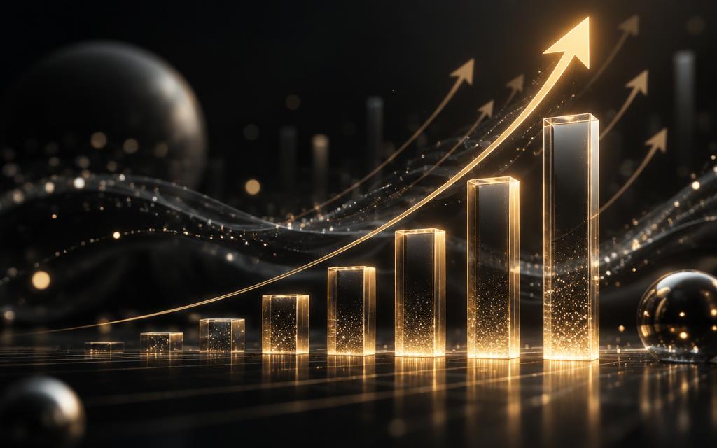 Ascending glass bar chart with a rising gold arrow