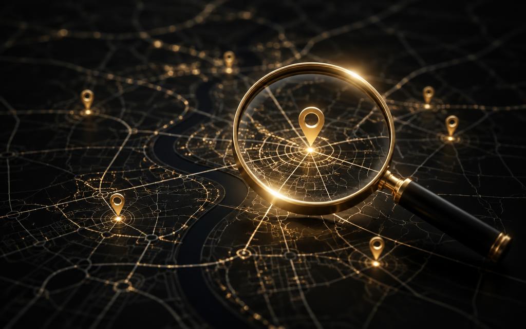 Gold magnifying lens over a glowing city map with location pins